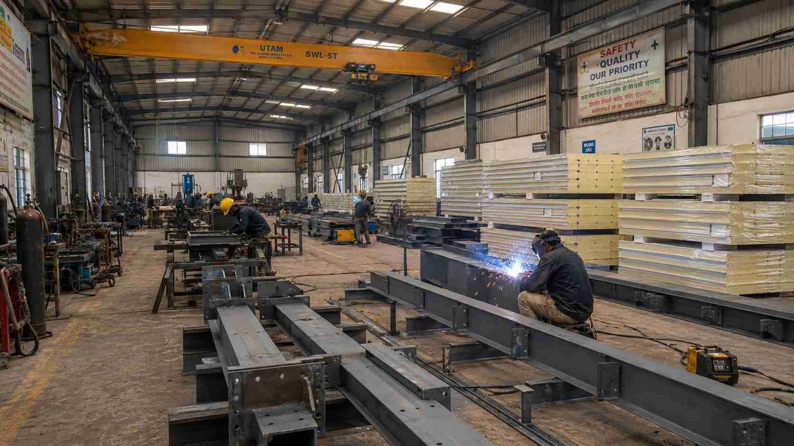 Steel-grey structural components being fabricated on a factory floor for prefabricated construction.