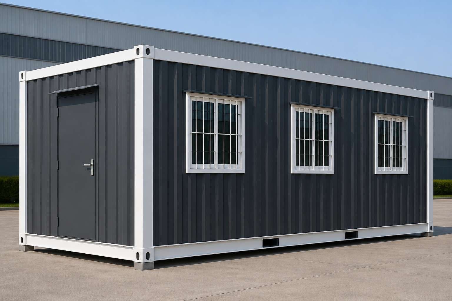 Prefabricated container office grey exterior three windows one door ISO corner castings – SAMAN factory-built unit Pan India delivery