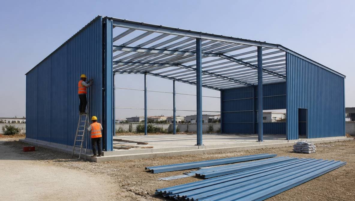 Workers bolting steel blue prefabricated industrial shed panels onto a frame on a concrete foundation.