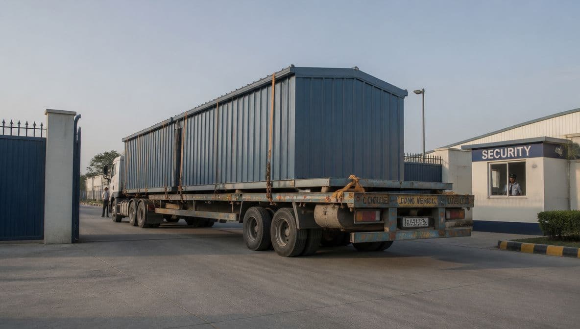 Steel blue prefabricated industrial shed loaded on a flatbed truck arriving at an industrial site gate.