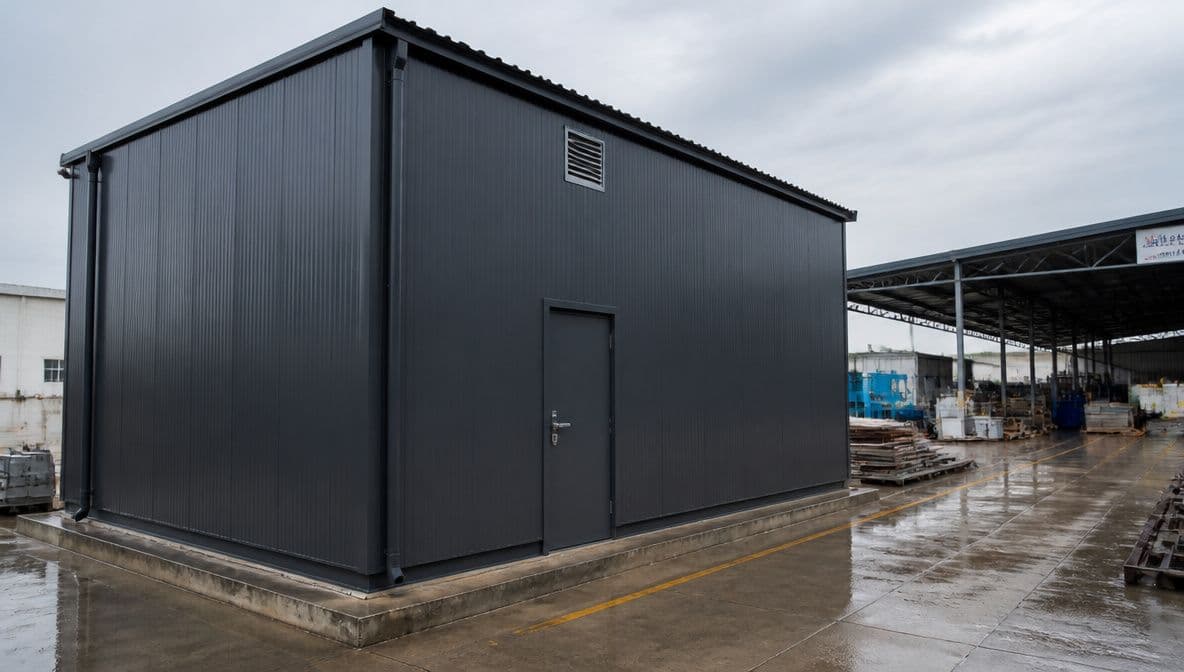 Slate charcoal prefabricated industrial shed with sealed insulated panels standing in a wet factory yard.