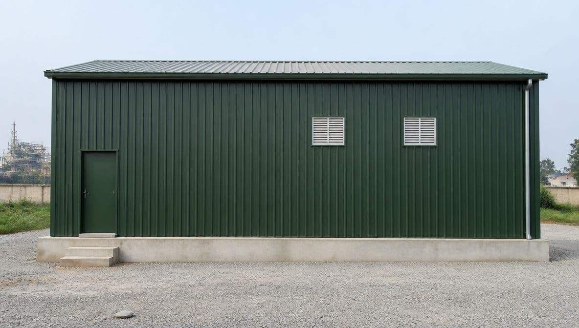 Forest green prefabricated industrial shed shown in full side elevation on a concrete plinth.