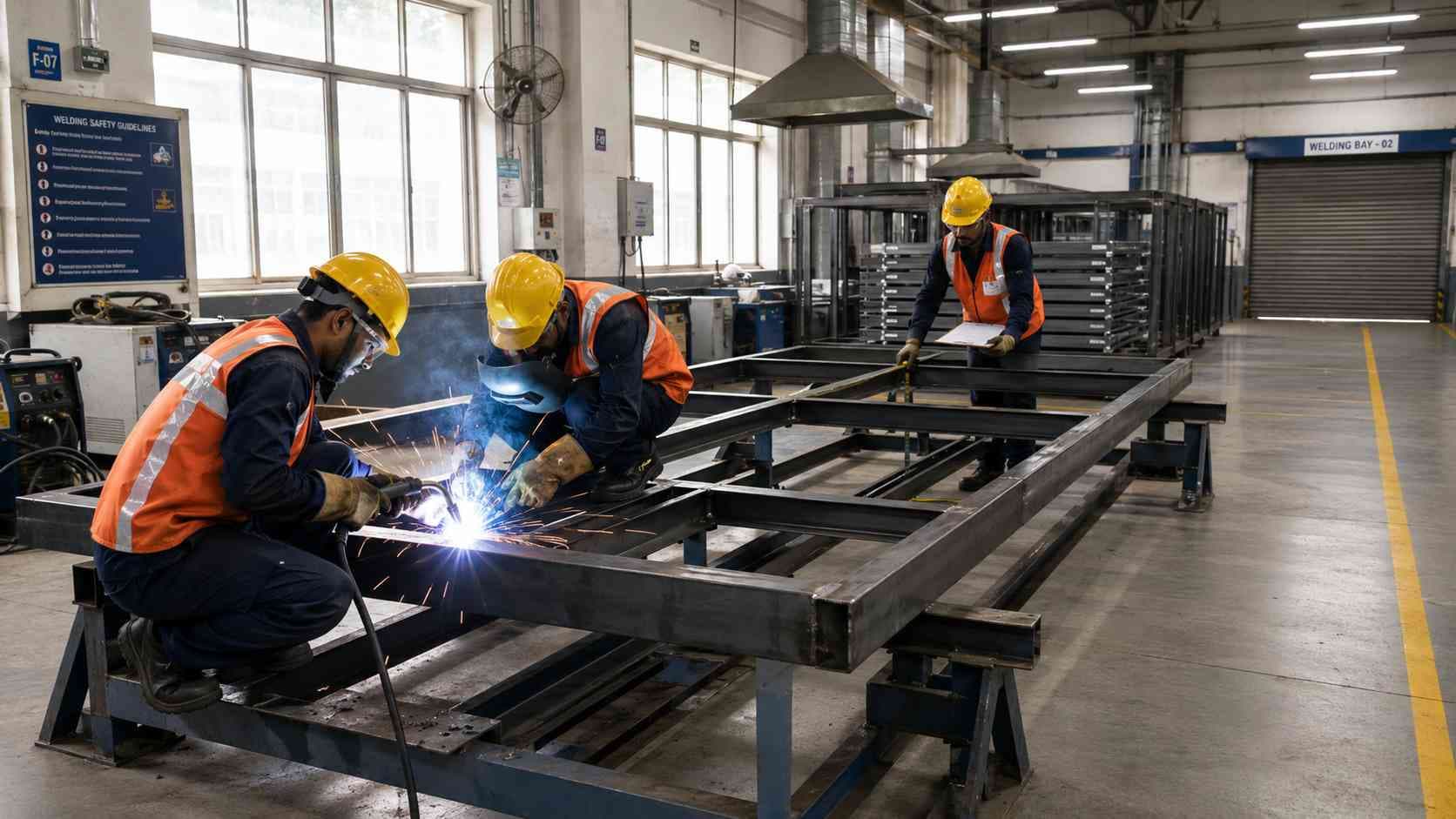 Prefabricated portable office cabin frame fabrication and weld inspection at SAMAN factory in Bangalore