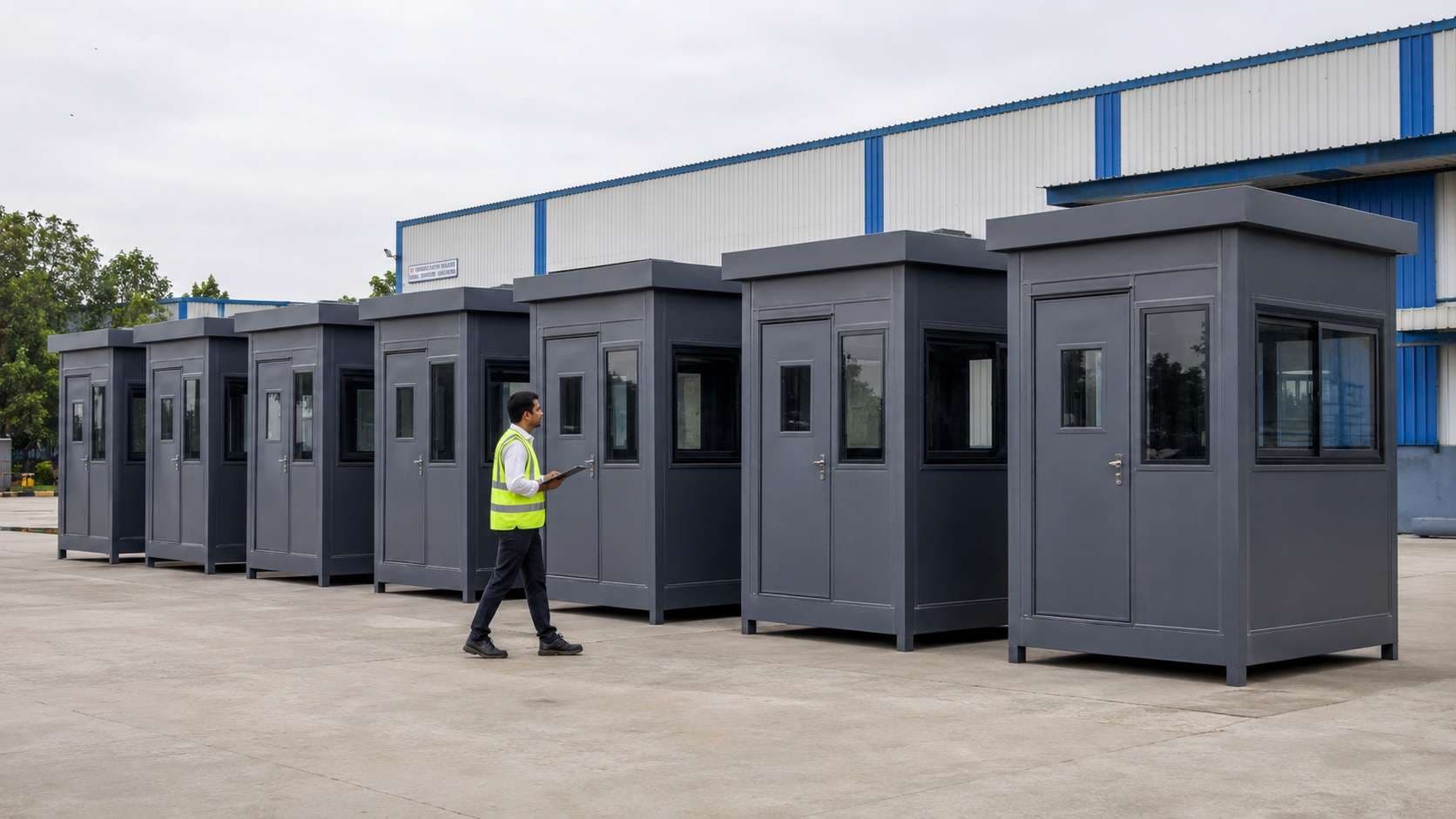 Multi-unit batch of identical prefabricated security cabins on the SAMAN factory yard awaiting dispatch.