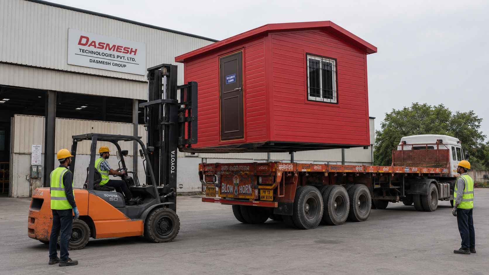 Prefabricated security cabin being loaded onto a flatbed truck for dispatch from the SAMAN factory in Bangalore.