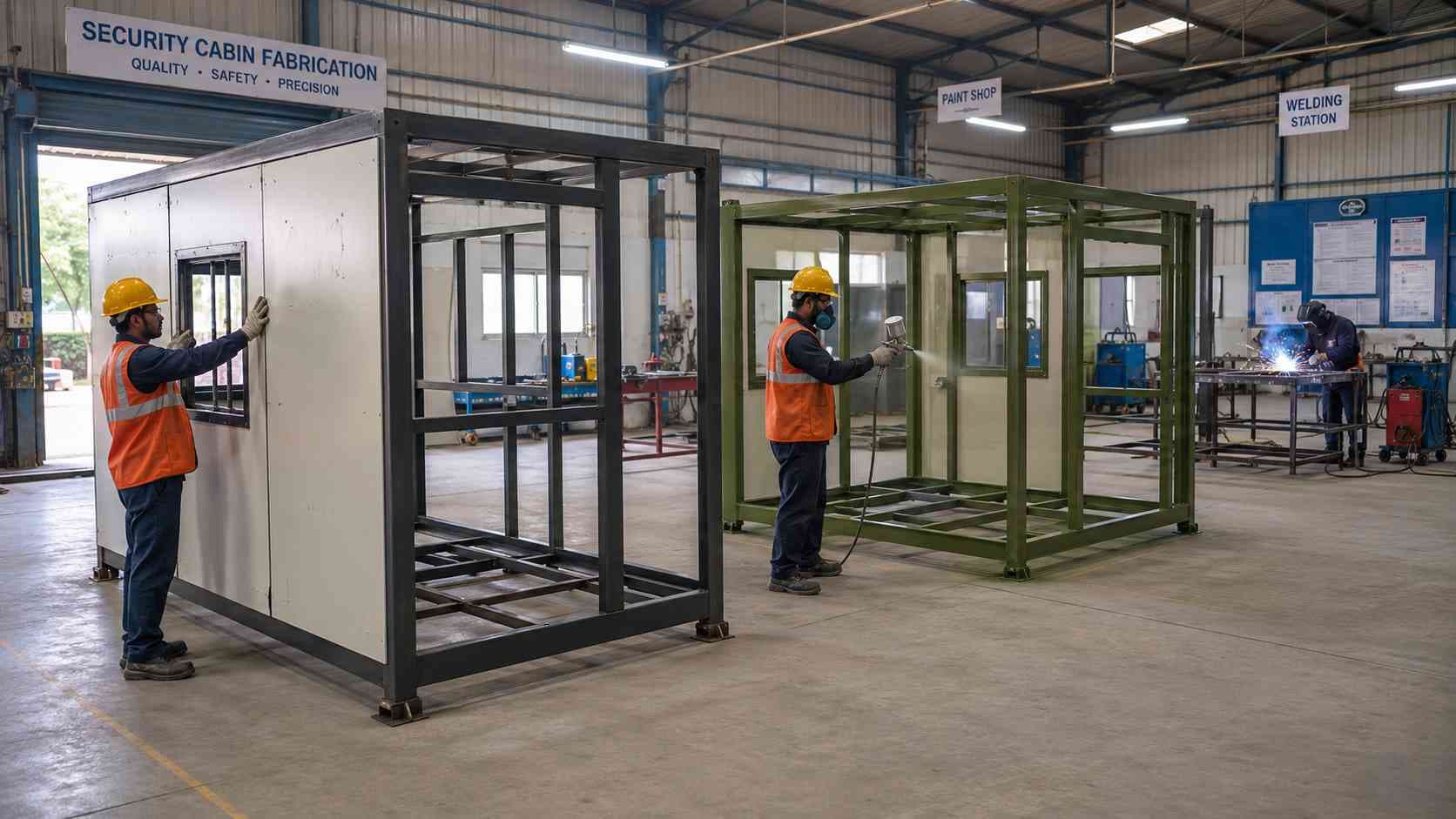 Prefabricated security cabin in production on the SAMAN factory floor showing MS frame and wall-panel fit stages.