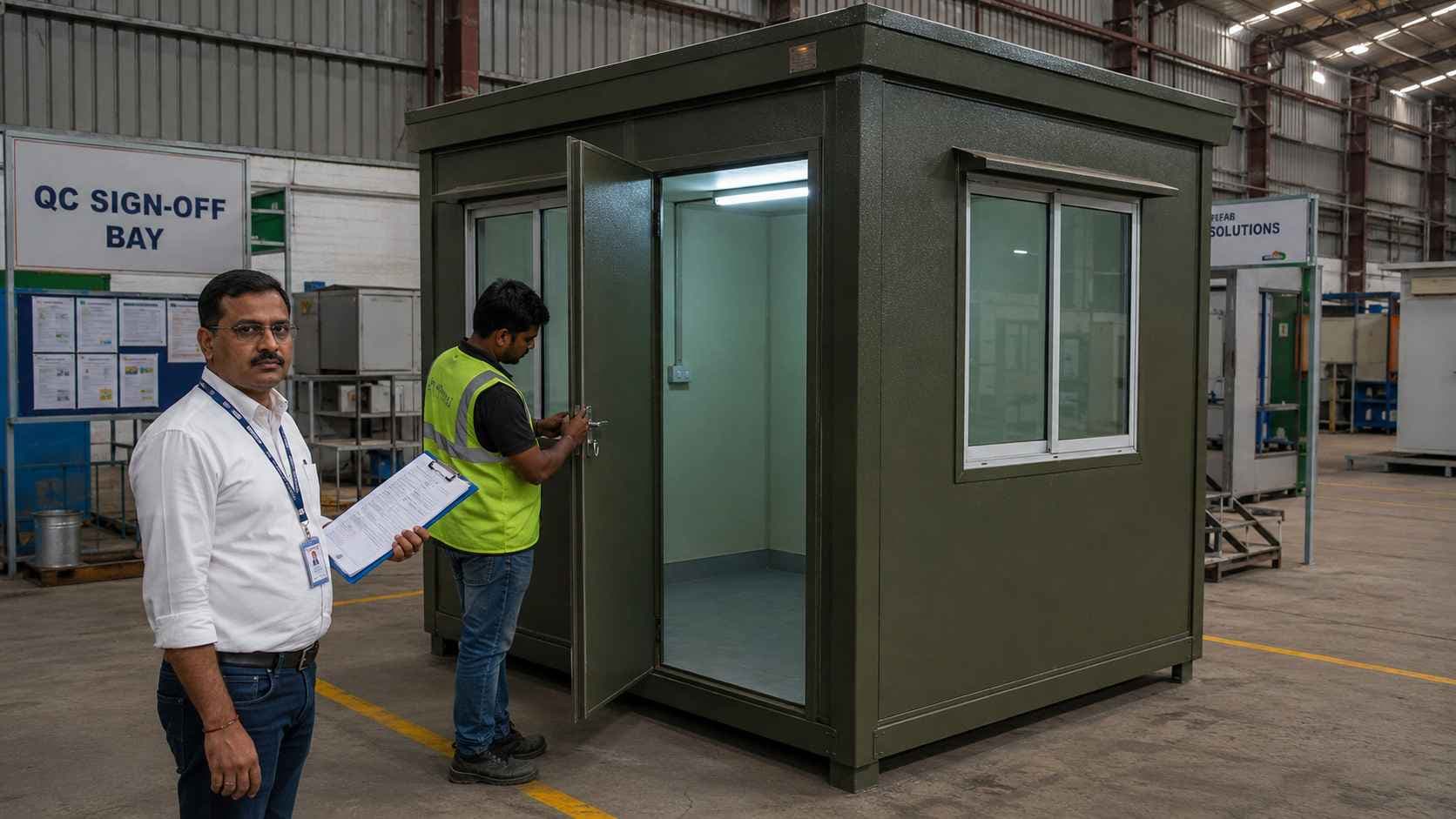 SAMAN factory floor supervisor signing off a prefabricated security cabin against the buyer's spec sheet before dispatch.