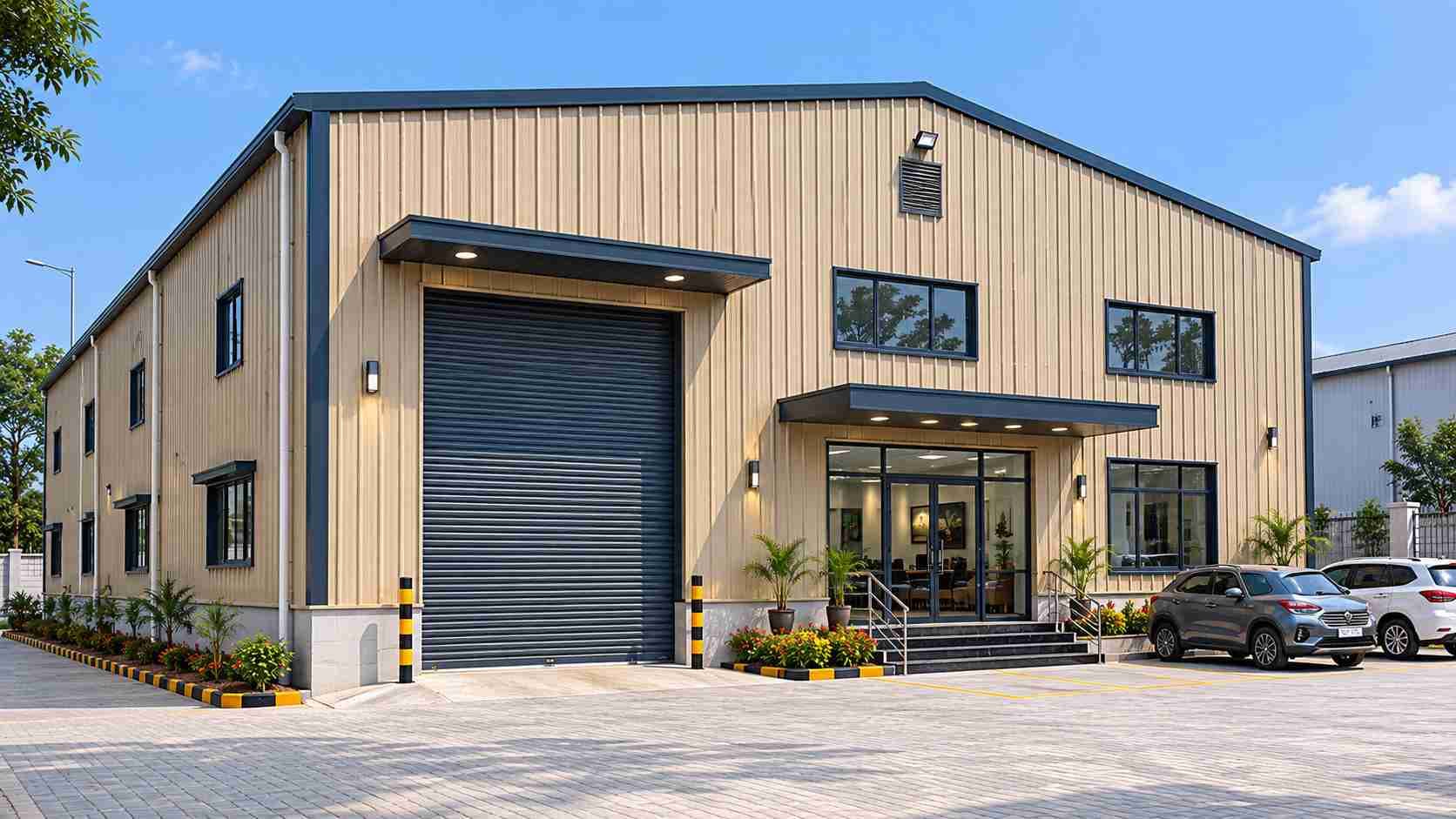 Beige prefabricated steel building used as a commercial unit with a glazed entrance and paved forecourt.