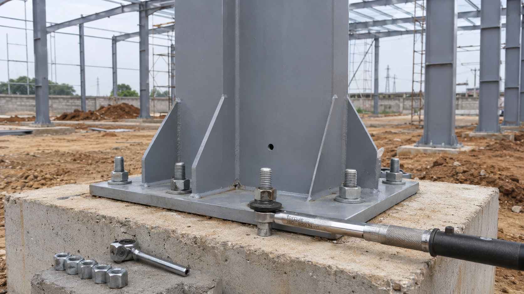 Grey steel column base plate bolted with anchor bolts to a concrete plinth on site.