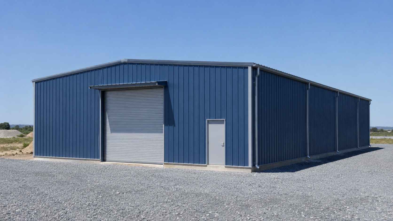 Steel-blue prefabricated steel building, 90 by 36 ft, on a levelled plot with a roller shutter.