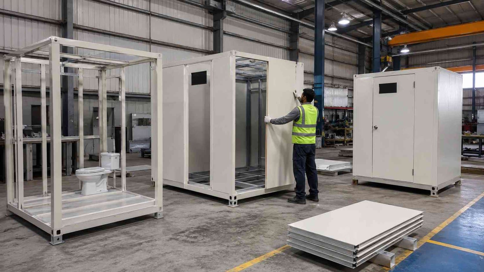 Prefabricated toilet units being built on a factory fabrication line