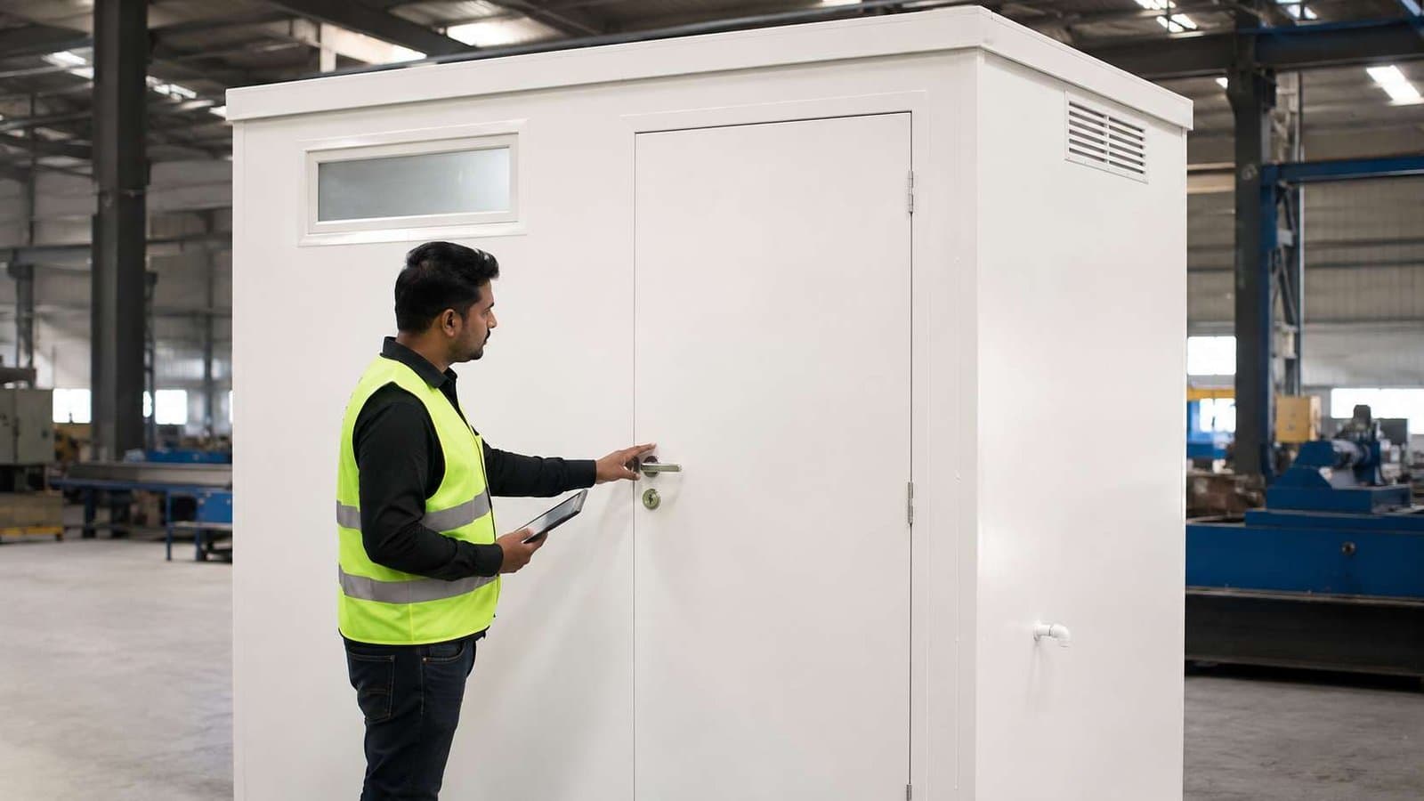Technician checking the door and lock of a prefabricated toilet before dispatch