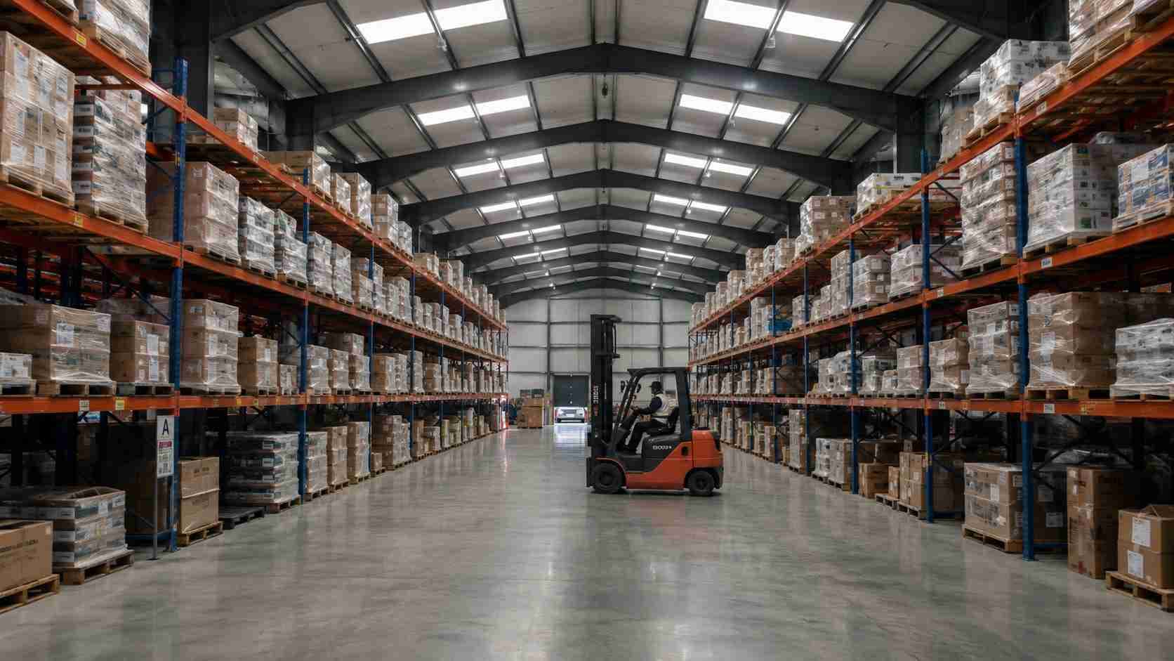 Interior of a prefabricated warehouse with a charcoal steel frame and three levels of pallet racking.