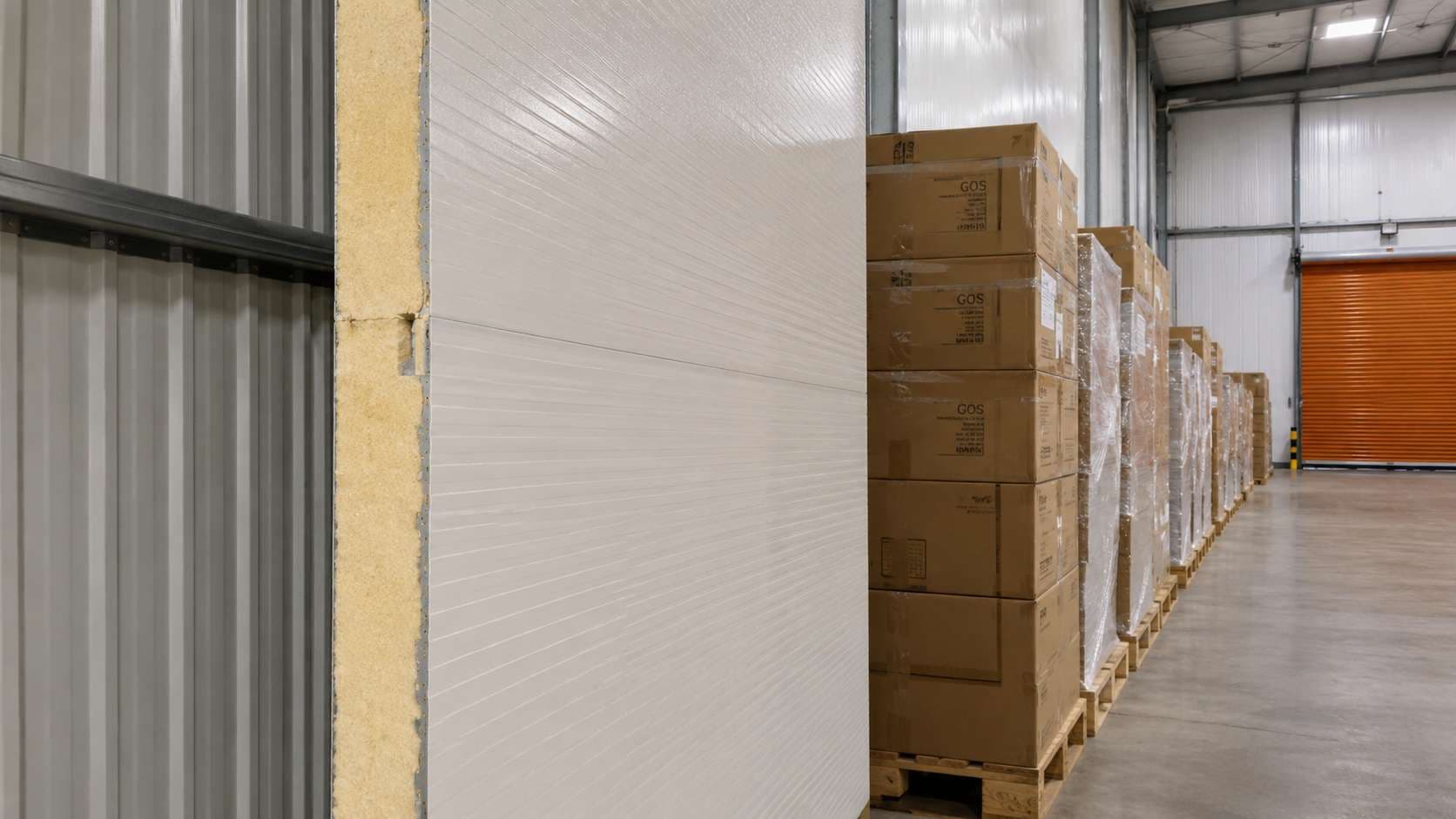 Insulated PUF panel wall inside a prefabricated warehouse with palletised goods and an orange roller door.