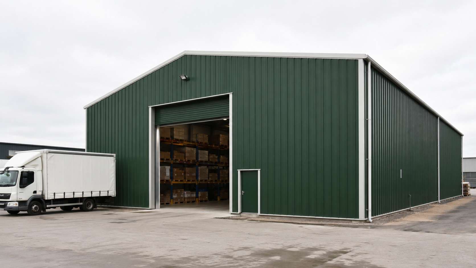 A forest-green prefabricated warehouse with a wide loading bay configured for storage rather than production.