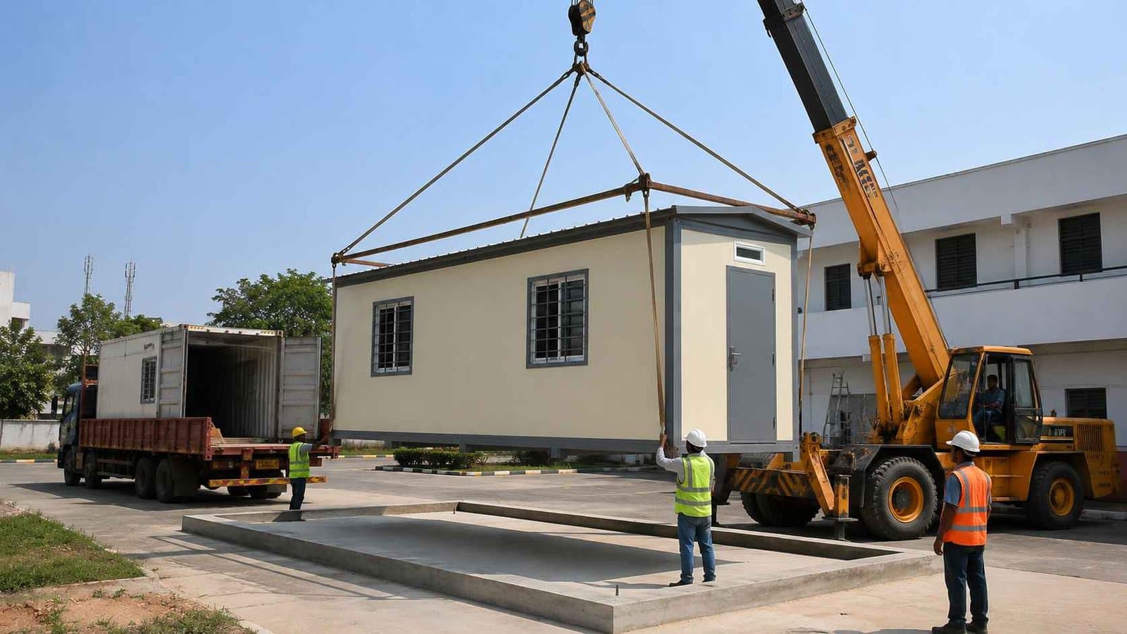 Hydraulic crane placing a readymade office cabin onto a prepared concrete pad at a commercial site