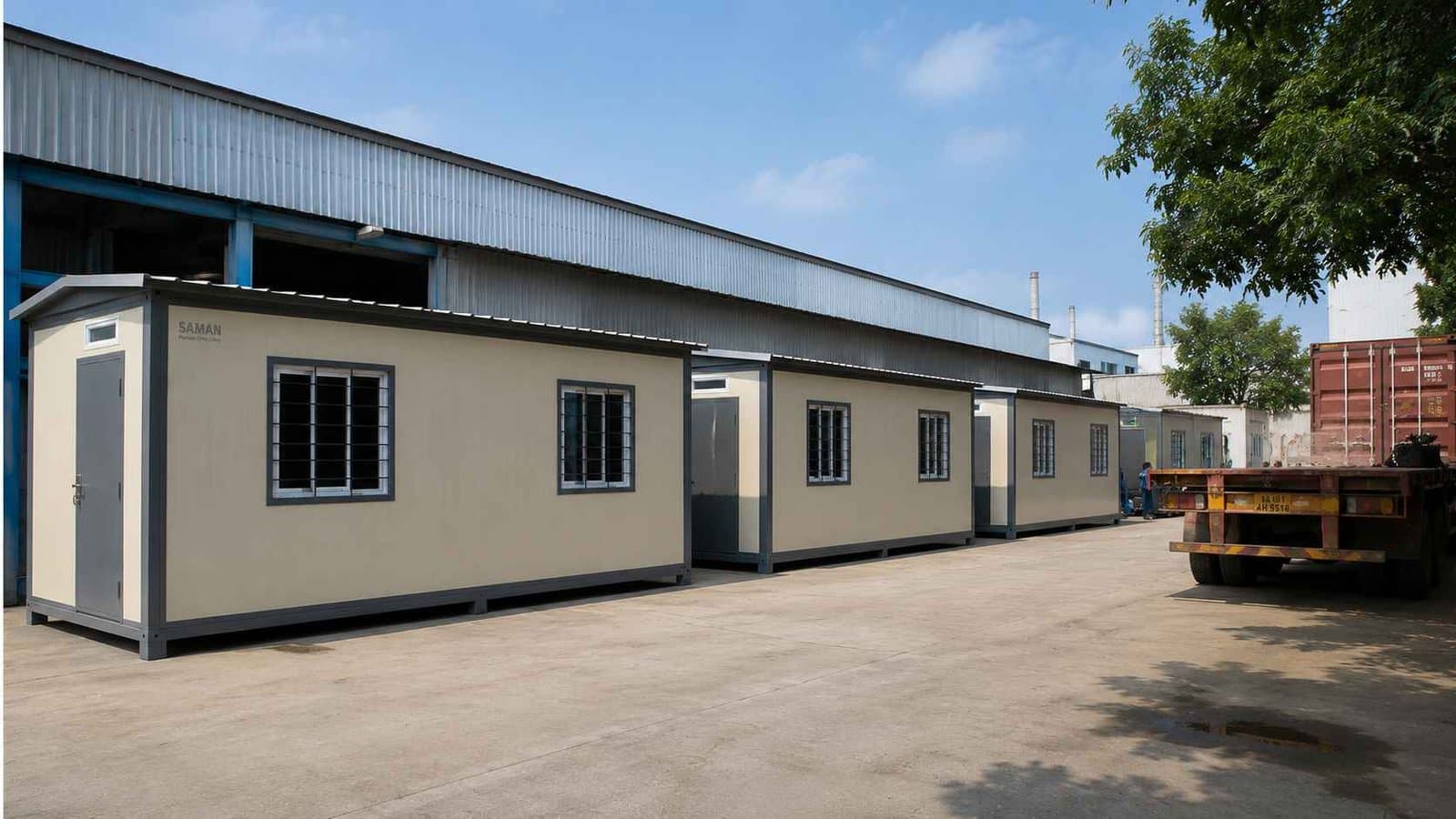 Stock readymade office cabins lined up at SAMAN's Bangalore factory yard awaiting dispatch