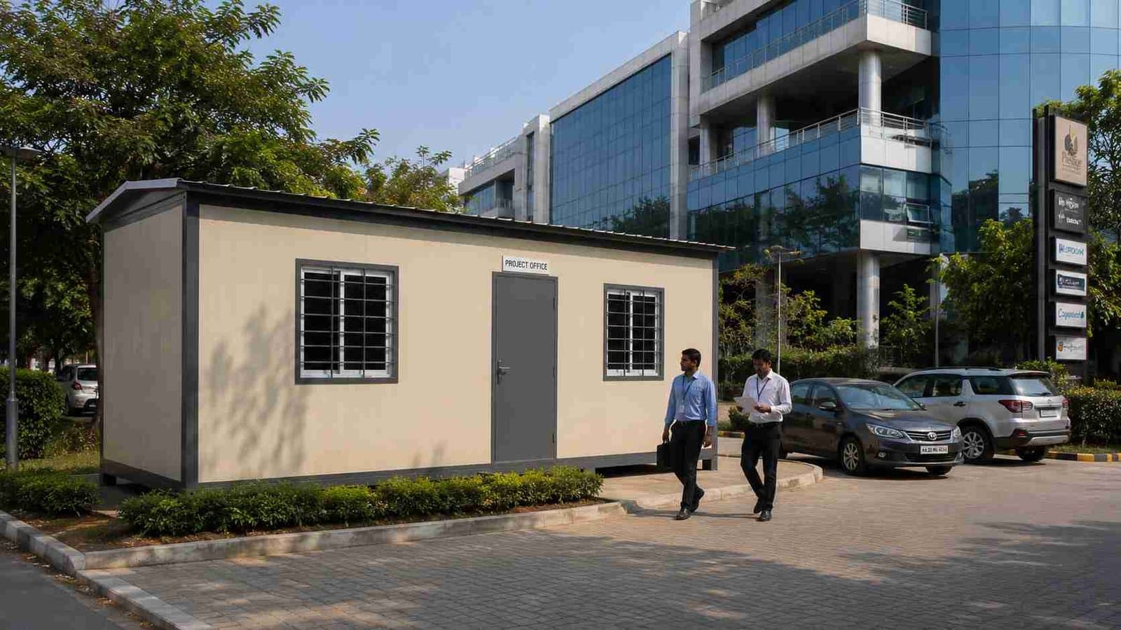Readymade office cabin in use as a project office at a corporate tech park in India