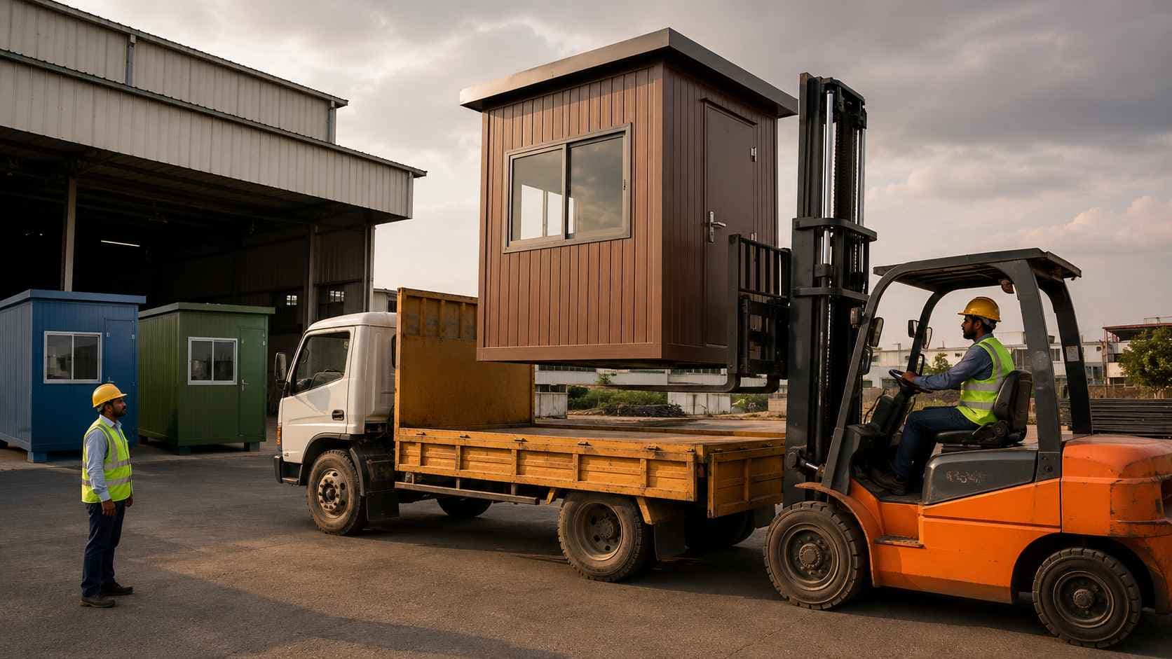 Readymade security cabin in brown finish being loaded onto a flatbed truck at SAMAN's Bangalore manufacturing yard for same-week dispatch