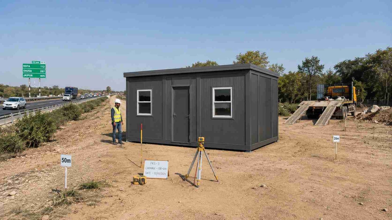 Prefab building installed on highway site platform, Slate Charcoal finish, on level ground with flatbed truck and crew visible