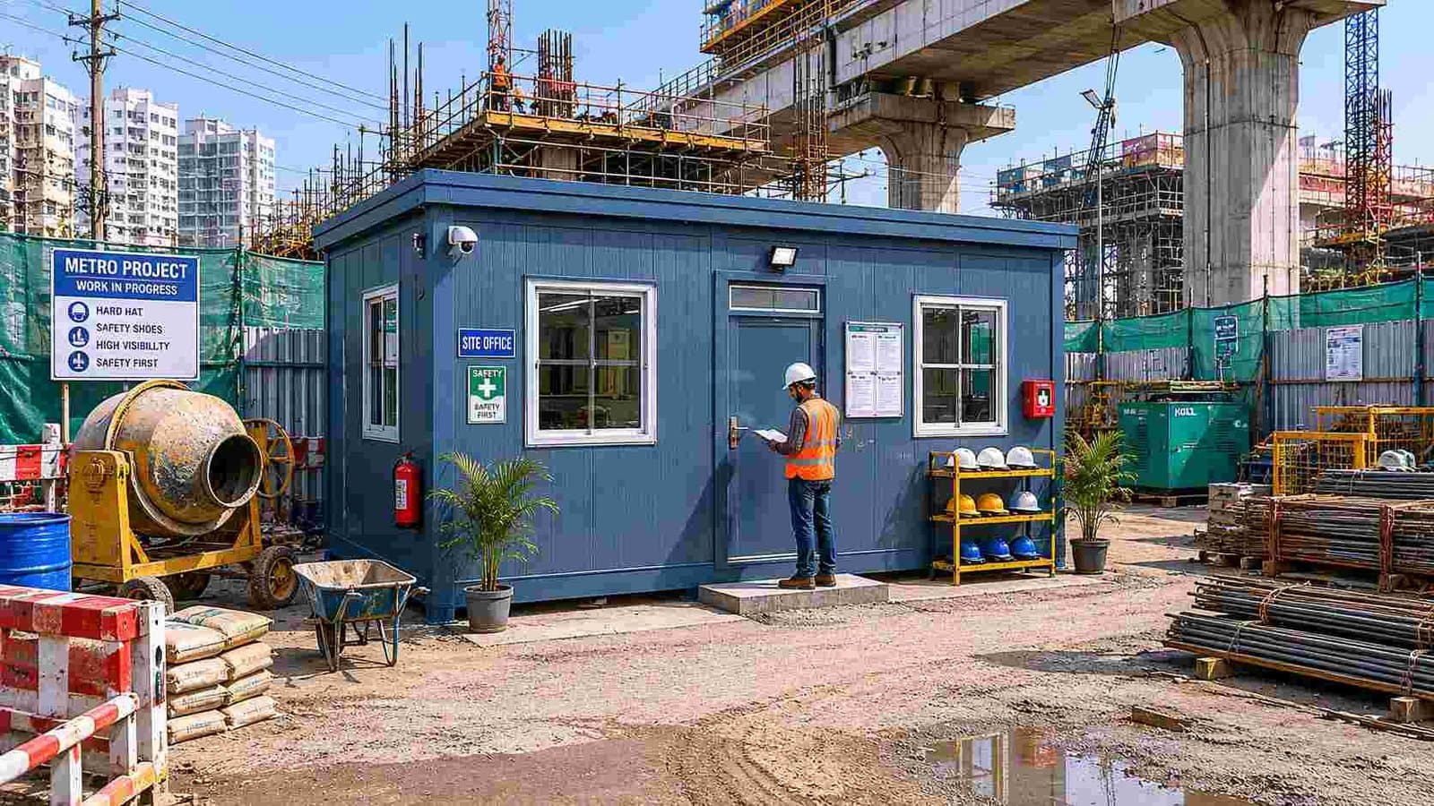 Prefab building on metro construction site, Steel Blue finish, on level platform, site supervisor at entrance, surrounding infrastructure visible