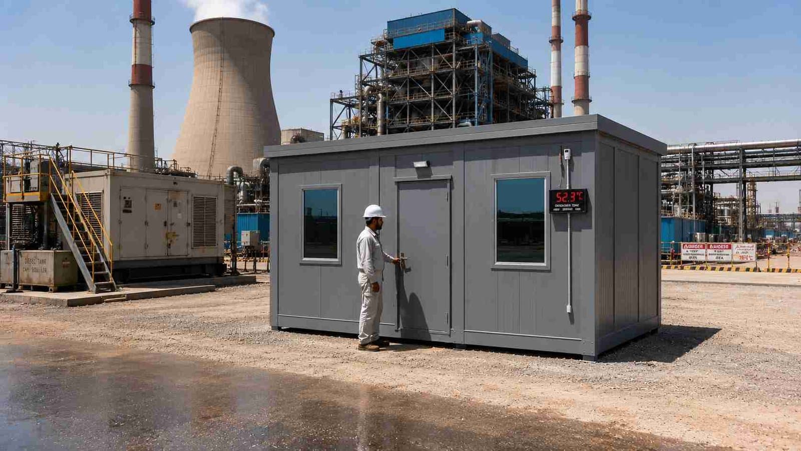 Prefab building in high-temperature industrial yard, Steel Grey finish, showing thermal insulation performance, shaded windows, worker at entrance