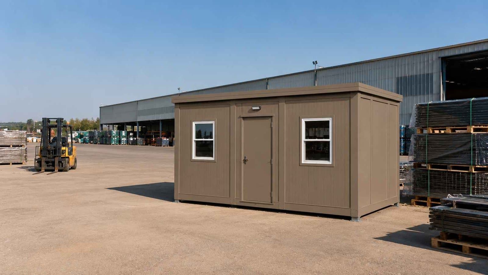 Prefab storage building in industrial warehouse yard, Warm Taupe finish, on level platform with forklift, open yard space visible