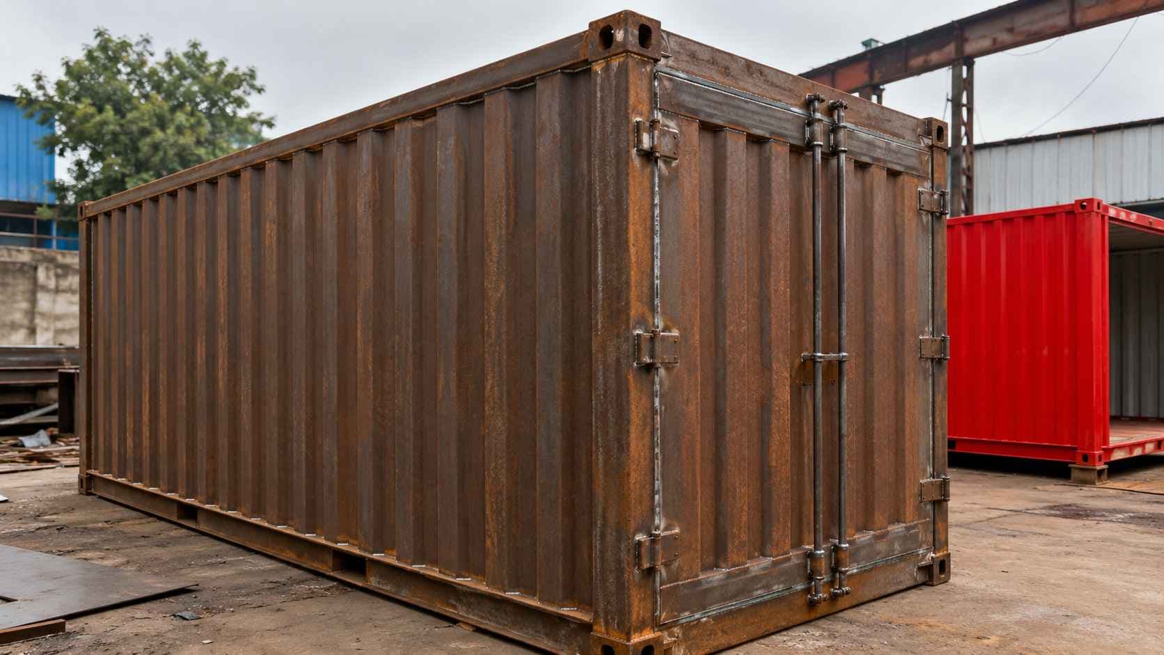 Corten steel cladding finish on a SAMAN shipping container cafe shell at the factory — corrugated steel side wall, ISO container corner casting