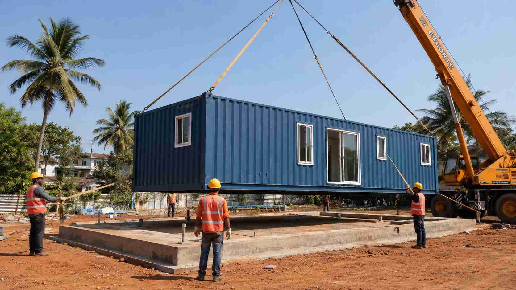 Crane lowering a steel-blue container module onto a plinth at an Indian home site