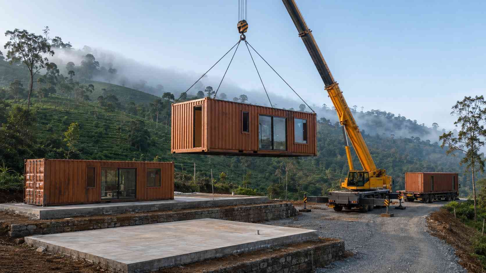 Crane lifting a shipping container hotel module onto a prepared RCC pad at a hill-station site — SAMAN project installation