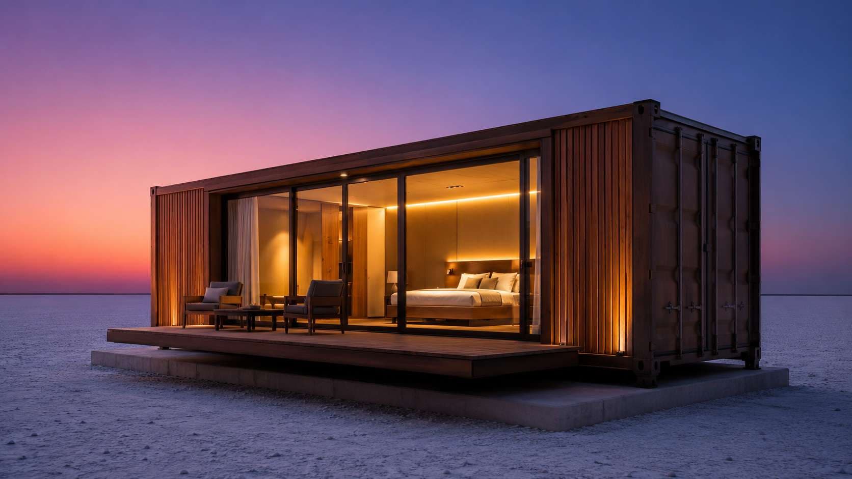 Glamping-tier shipping container hotel suite at dusk in Rann of Kutch — bronze corten, wood cladding, balcony, full glazing