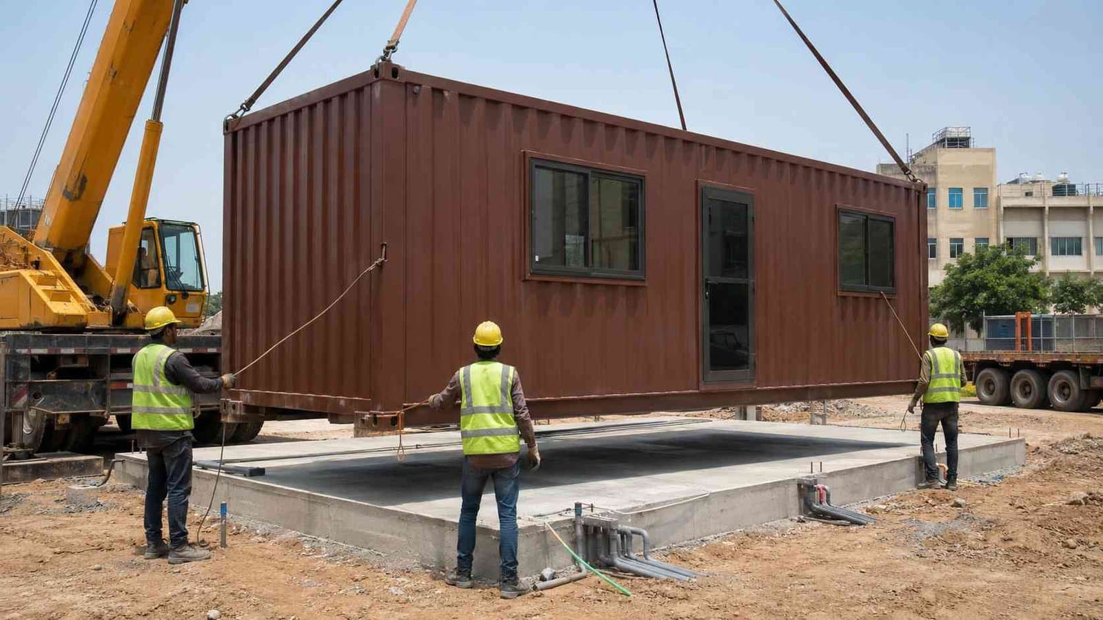 A yellow mobile crane lowering a 40-ft shipping container restaurant onto a prepared RCC pad at an Indian commercial site — install day with site crew guiding it down.
