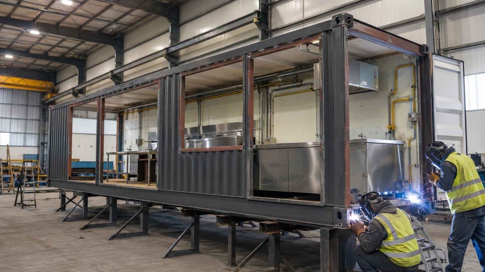 A 20-ft shipping container mid-conversion to a restaurant on the SAMAN factory floor — window cut-outs, structural reframing, and kitchen counter installation in progress.