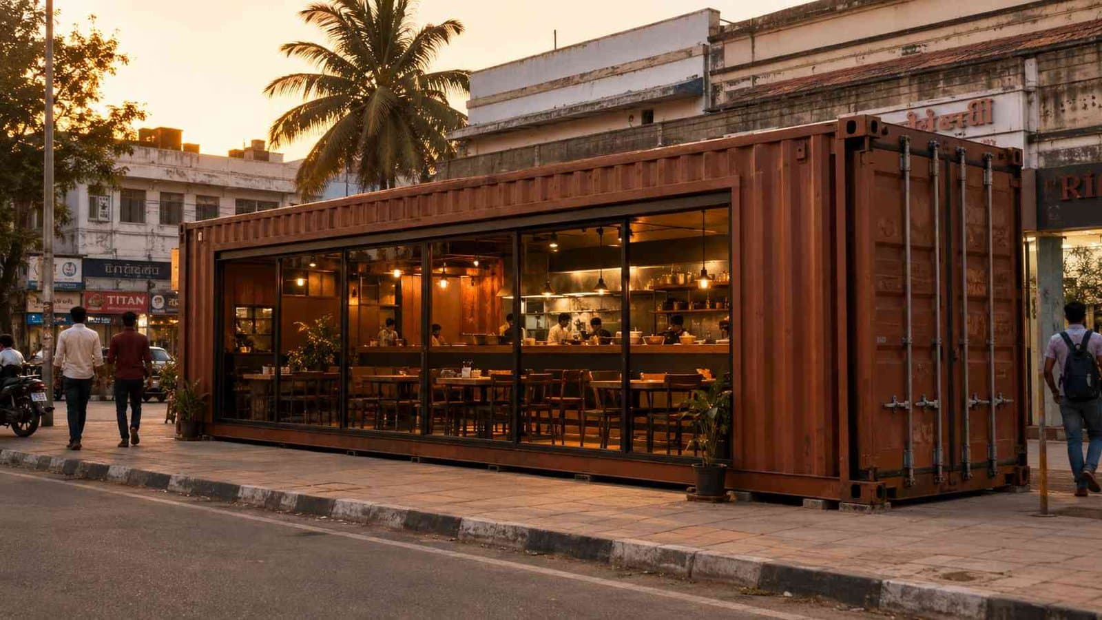 A 40-ft ISO shipping container restaurant on an Indian commercial street at golden hour — corrugated steel exterior, full-glass dining front, warm interior glow.
