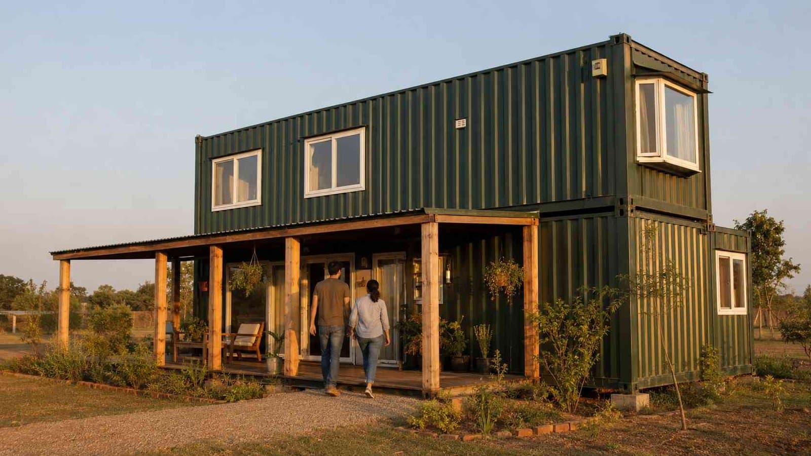 shipping container tiny house with corrugated ISO exterior profile in forest green at golden hour on rural plot