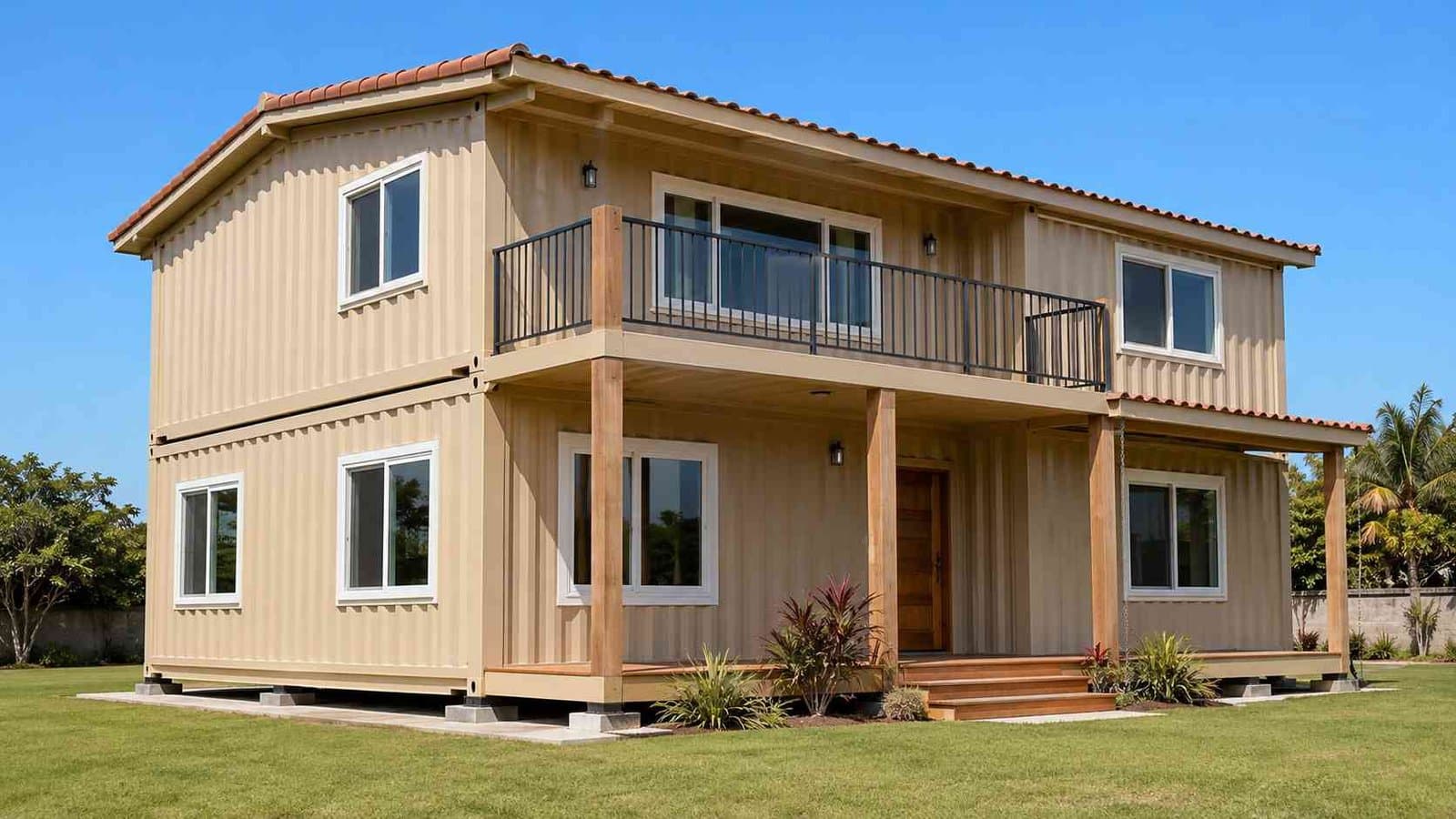 shipping container tiny house 40ft exterior front view with sandstone beige cladding and covered veranda