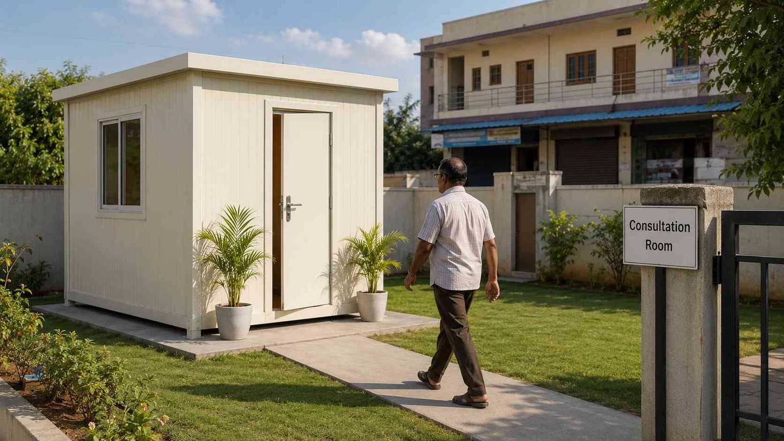 Small office cabin set up as a doctor's single-room consultation chamber on a SME plot in suburban India