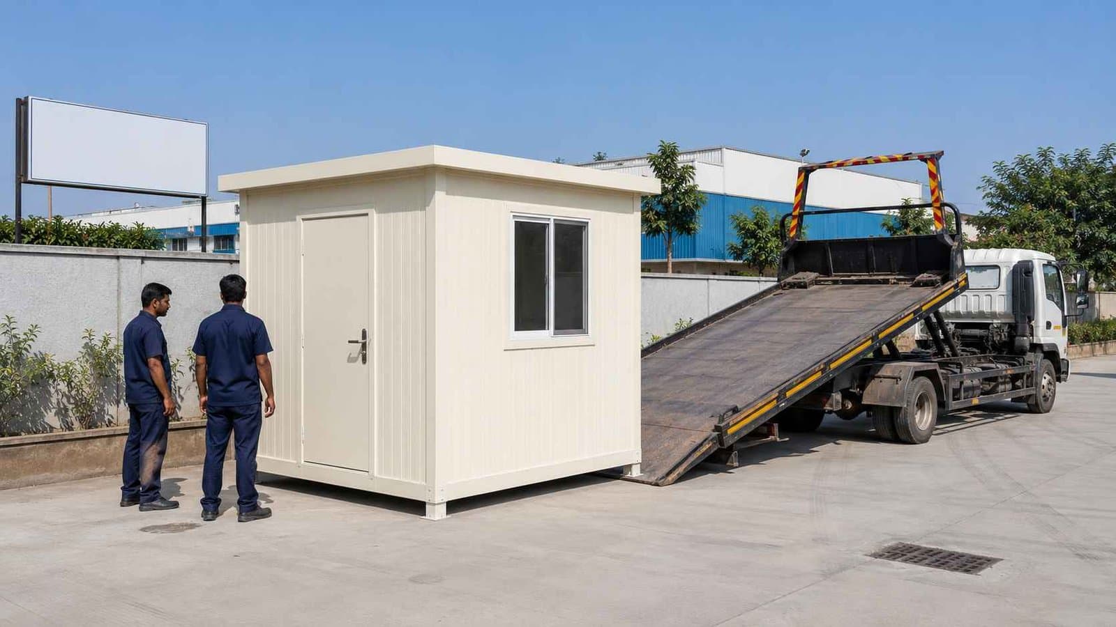 Small office cabin being unloaded from a flatbed trailer using hydraulic tilt-bed, no crane needed, at an Indian SME compound