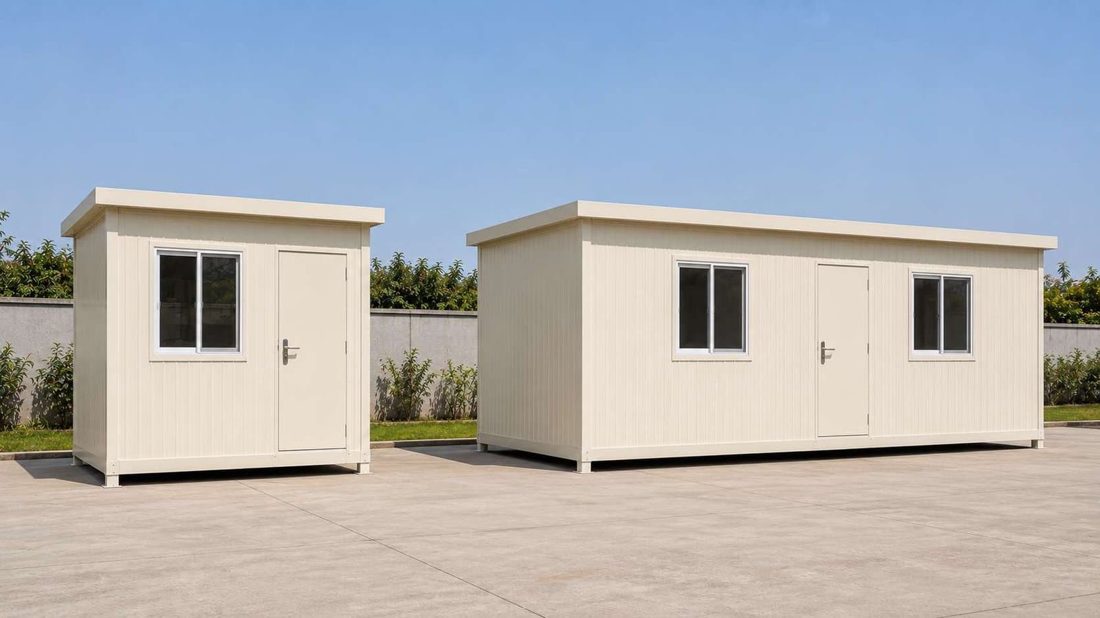SAMAN small office cabin (10×10 ft) next to the standard 12×16 ft portable office cabin for size comparison