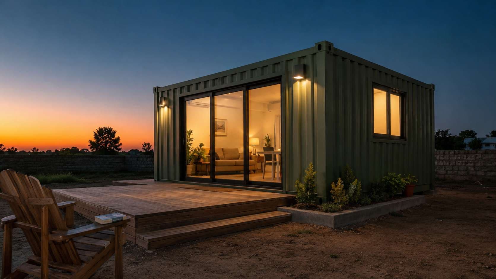 Sage green storage container house lit at dusk with a wooden deck, single chair, and warm interior glow.