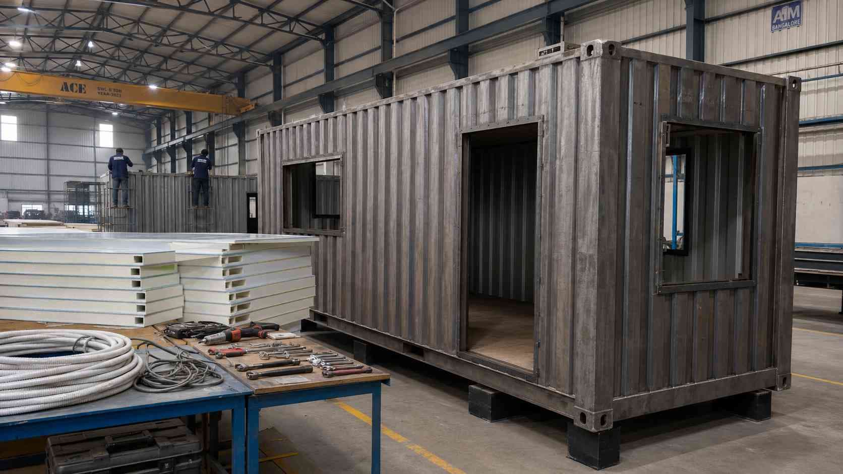 Storage container shell on factory floor with freshly cut openings, MS-angle framing, and insulation panels ready for install.
