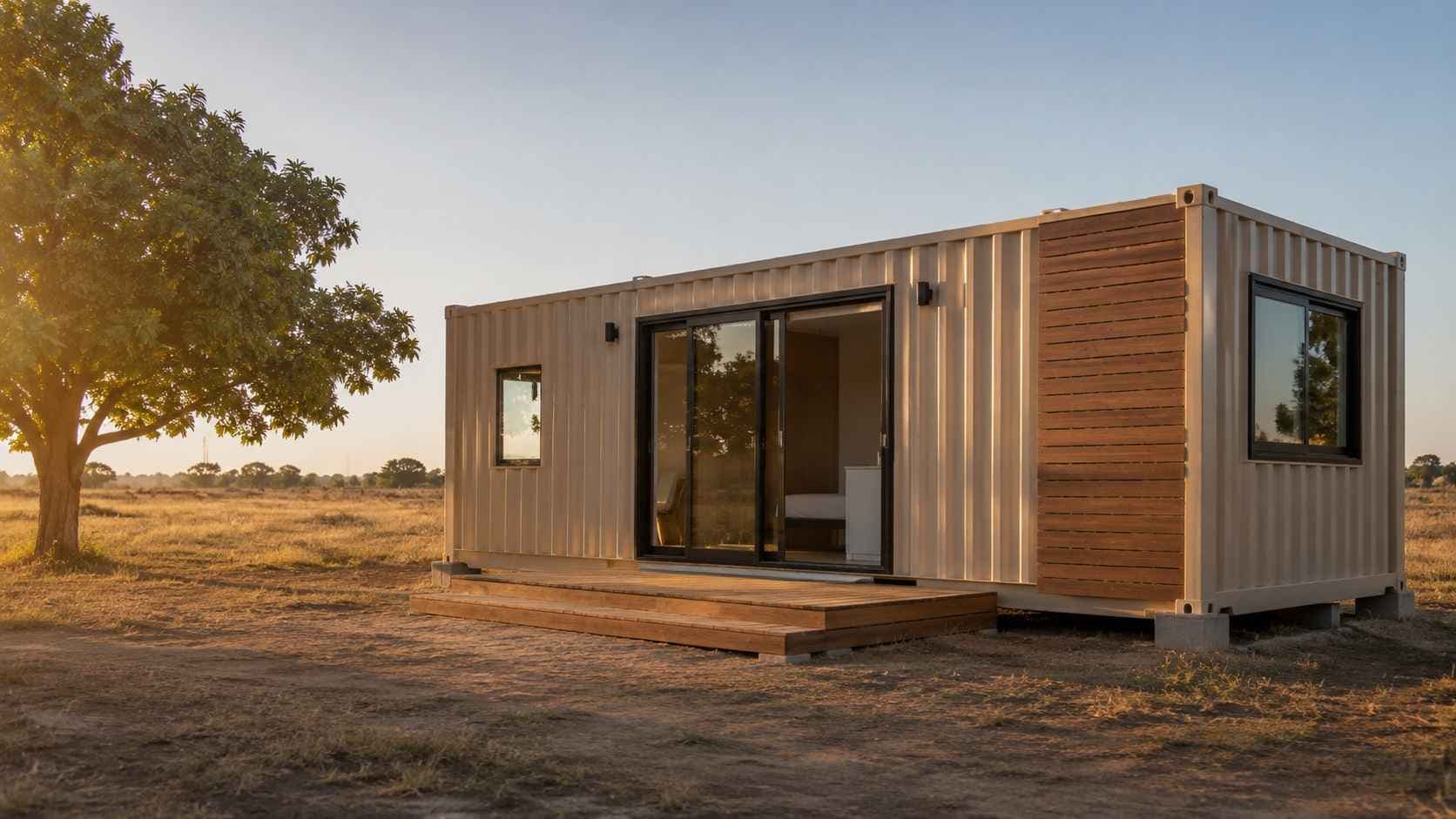 Sandstone beige storage container house on a Karnataka farmhouse plot with a wooden deck and mango tree alongside.