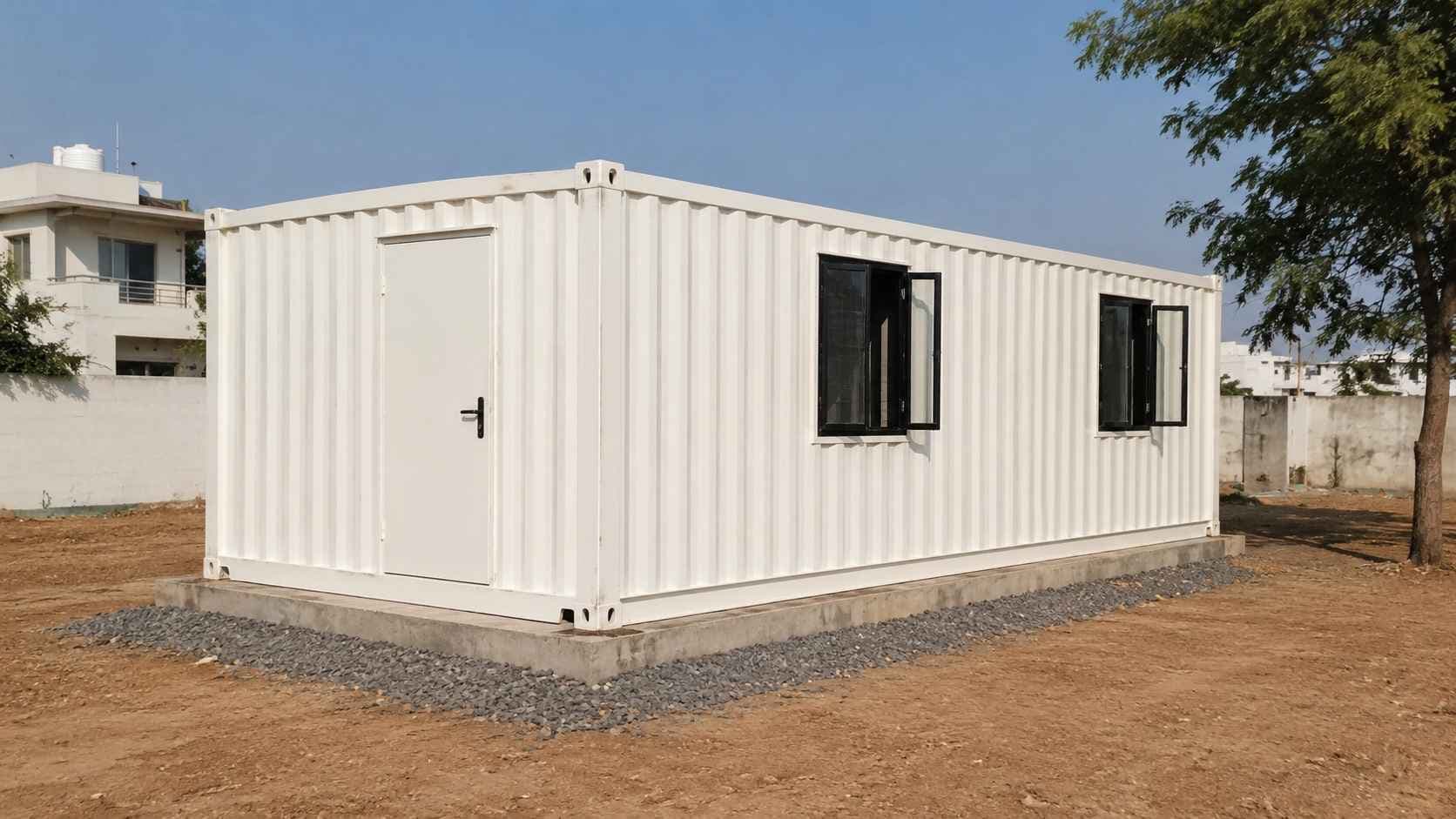 Pure white storage container house set on a low RCC plinth with gravel apron and a neem tree alongside.