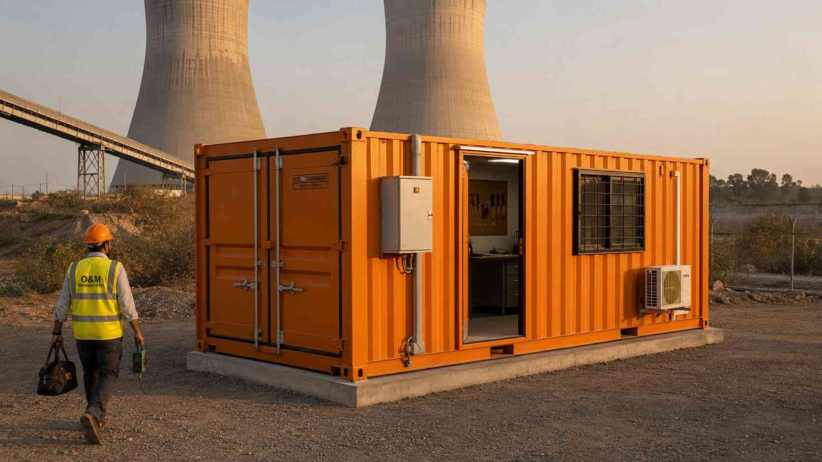 Safety Orange SAMAN storage container office at an Indian thermal power plant maintenance perimeter with cooling towers in the background and an O&M technician walking toward the unit with tools