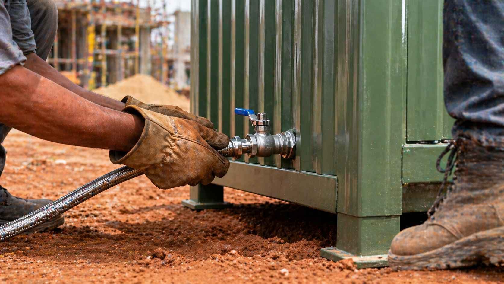 portable toilet water connection mains inlet India construction site installation