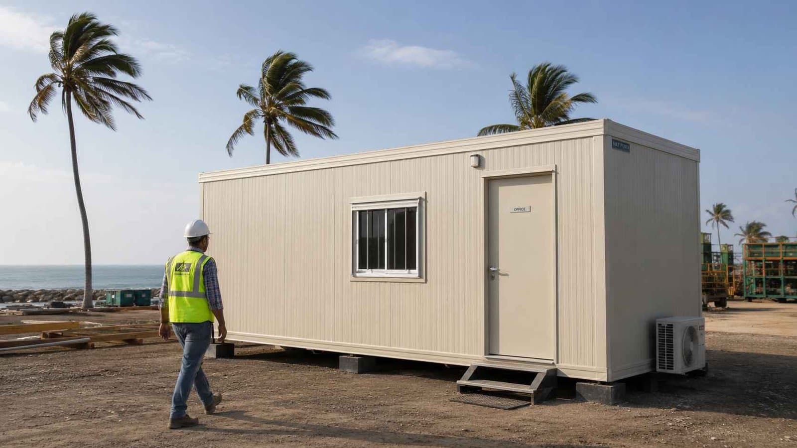 Warm Cream porta cabin with pre-galvanized cladding deployed at a coastal industrial site in southern India near the sea.