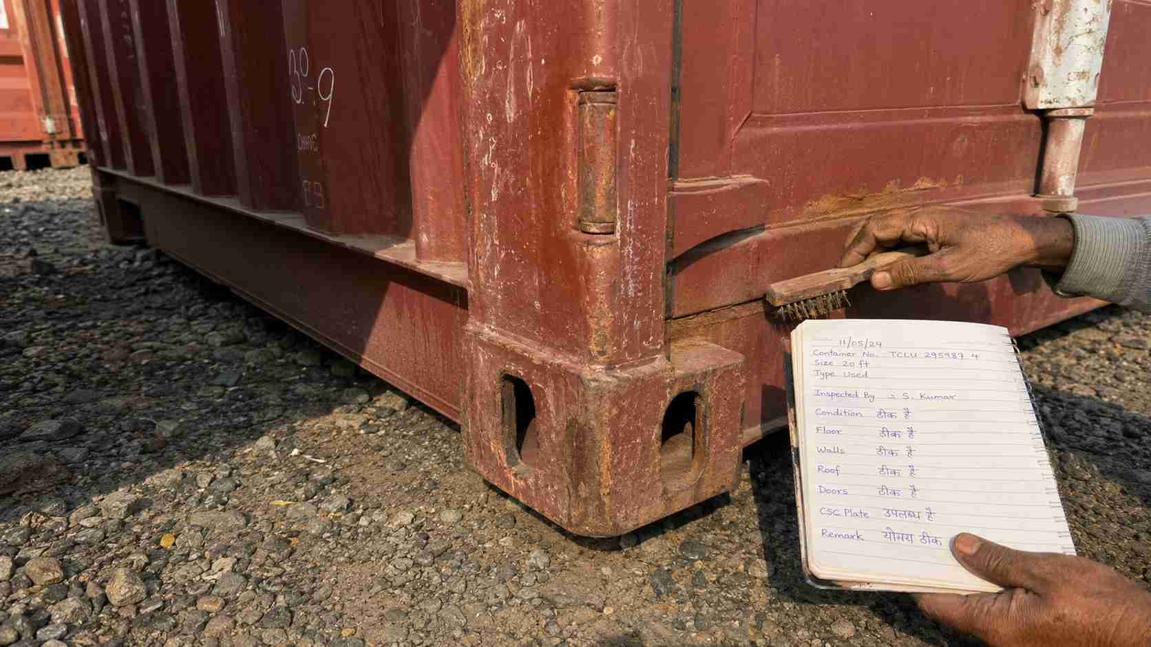 Close-up inspection of a burgundy-red used shipping container's corner casting at an Indian yard, with hands holding a wire brush and inspection notebook.