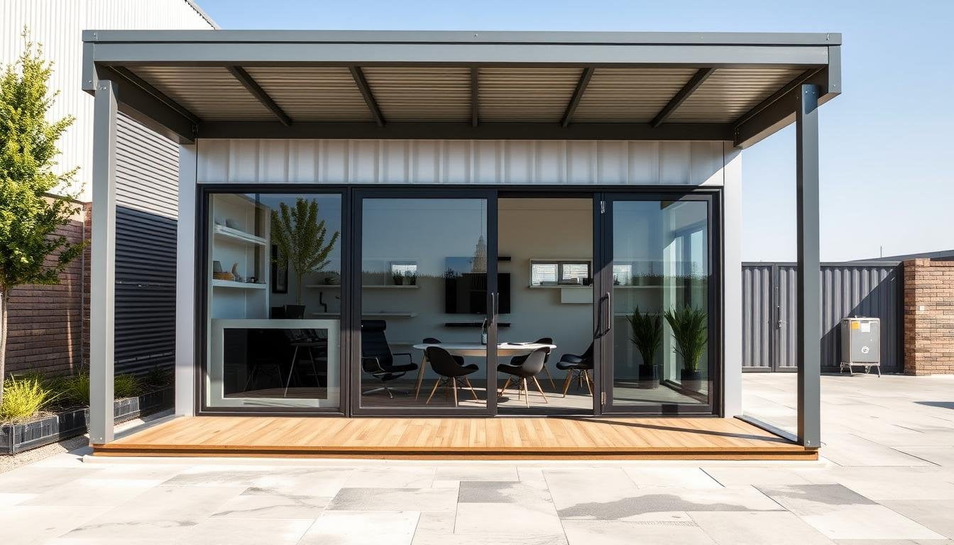 Modern porta cabin office setup with exterior view showing steel structure and large windows
