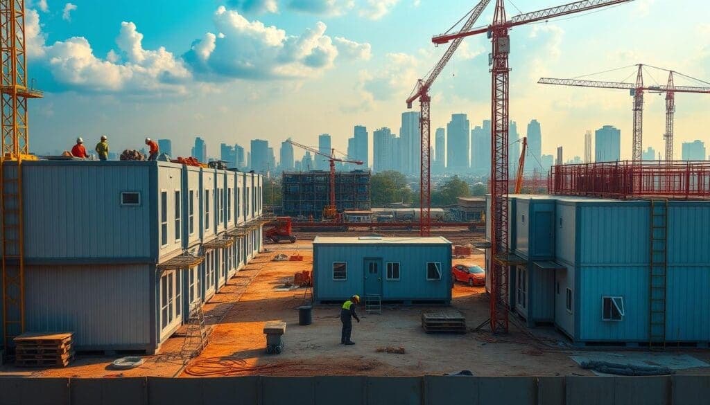 A construction site in Nagarbhavi, bustling with activity. In the foreground, modular SAMAN Portable buildings stand tall, their sleek, modern design blending seamlessly with the surroundings. Cranes and workers dot the middle ground, erecting the structures with precision. In the background, a hazy skyline of towering skyscrapers and blue-tinted clouds create a vibrant, urban atmosphere. The scene is illuminated by a warm, golden light, casting long shadows and highlighting the intricate details of the portable buildings. The overall impression is one of efficiency, progress, and the versatility of these portable structures in a dynamic worksite environment. A construction site in Nagarbhavi, bustling with activity. In the foreground, modular SAMAN Portable buildings stand tall, their sleek, modern design blending seamlessly with the surroundings. Cranes and workers dot the middle ground, erecting the structures with precision. In the background, a hazy skyline of towering skyscrapers and blue-tinted clouds create a vibrant, urban atmosphere. The scene is illuminated by a warm, golden light, casting long shadows and highlighting the intricate details of the portable buildings. The overall impression is one of efficiency, progress, and the versatility of these portable structures in a dynamic worksite environment.