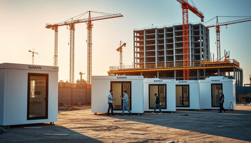 A construction site with a row of SAMAN Portable offices standing in the foreground. The offices have a sleek, modern design with large windows and a clean, minimalist aesthetic. In the middle ground, workers can be seen moving around the site, carrying tools and materials. The background features a partially constructed building, cranes, and other construction equipment, conveying a sense of progress and activity. The lighting is warm and natural, casting soft shadows and highlighting the textures of the materials. The overall atmosphere is one of efficiency, functionality, and the growing popularity of these versatile portable workspaces in the construction industry. A construction site with a row of SAMAN Portable offices standing in the foreground. The offices have a sleek, modern design with large windows and a clean, minimalist aesthetic. In the middle ground, workers can be seen moving around the site, carrying tools and materials. The background features a partially constructed building, cranes, and other construction equipment, conveying a sense of progress and activity. The lighting is warm and natural, casting soft shadows and highlighting the textures of the materials. The overall atmosphere is one of efficiency, functionality, and the growing popularity of these versatile portable workspaces in the construction industry.